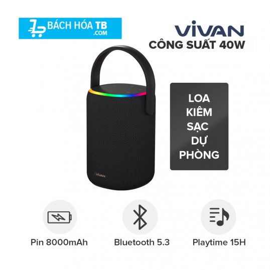 LOA Bluetooth VIVAN VS50 Kiêm Pin sạc dự phòng -40W - Kèm Đèn LED 7 Màu