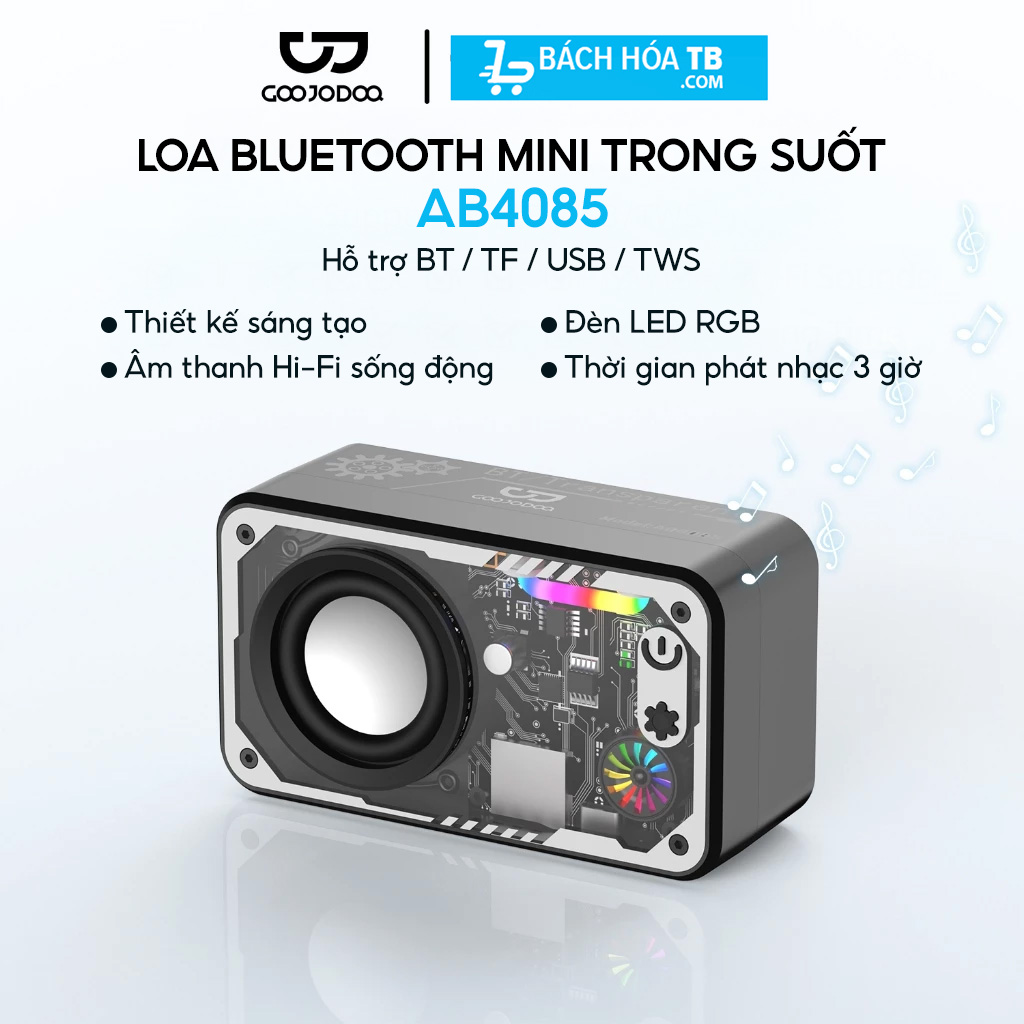 Loa Mini Goojodog AB4085 5W – Thiết Kế Trong Suốt, Âm Thanh Cực Chất, Đèn RGB Độc Đáo