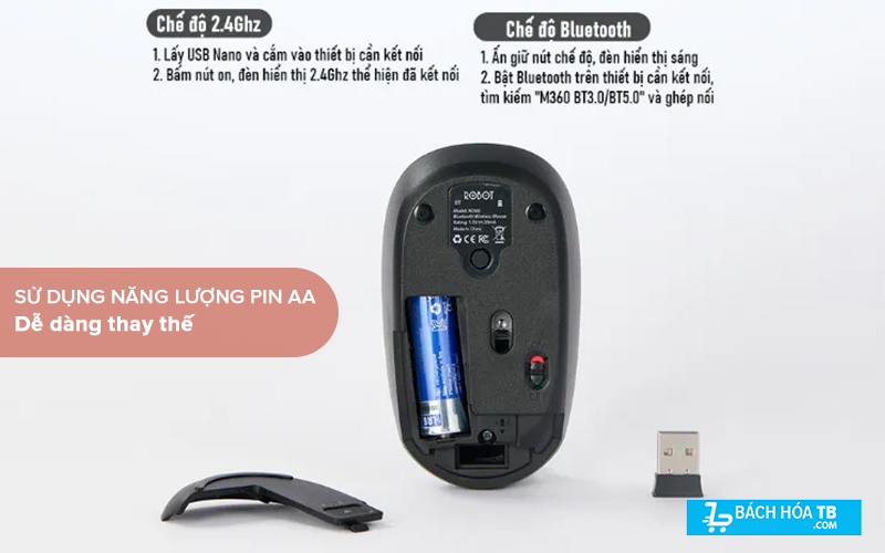Dùng pin AA - Chuột Bluetooth Silent Robot M360