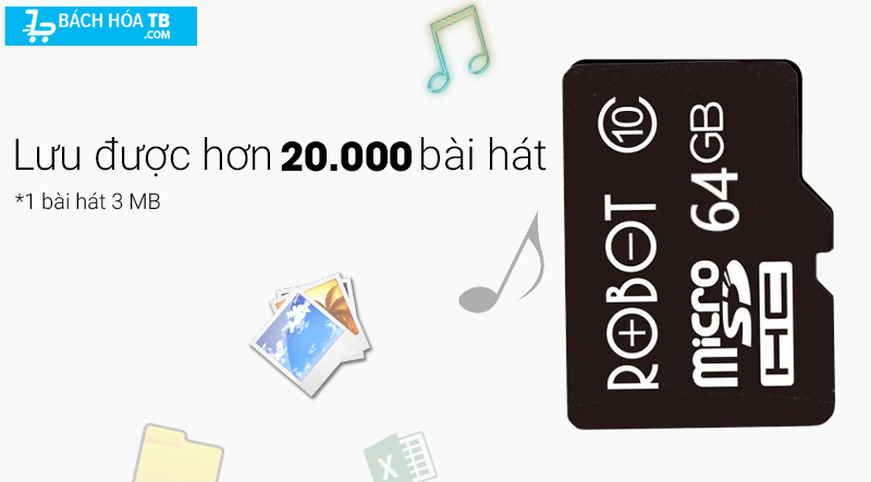 Thẻ nhớ ROBOT MicroSD 64 GB Class 10 lưu trữ được hơn 20.000 bài hát 